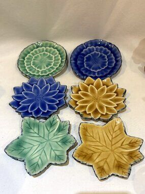 Set 6 Kotobuki Crackle Pottery Sushi Soy Sauce Dipping Mini Dish Floral Leaf